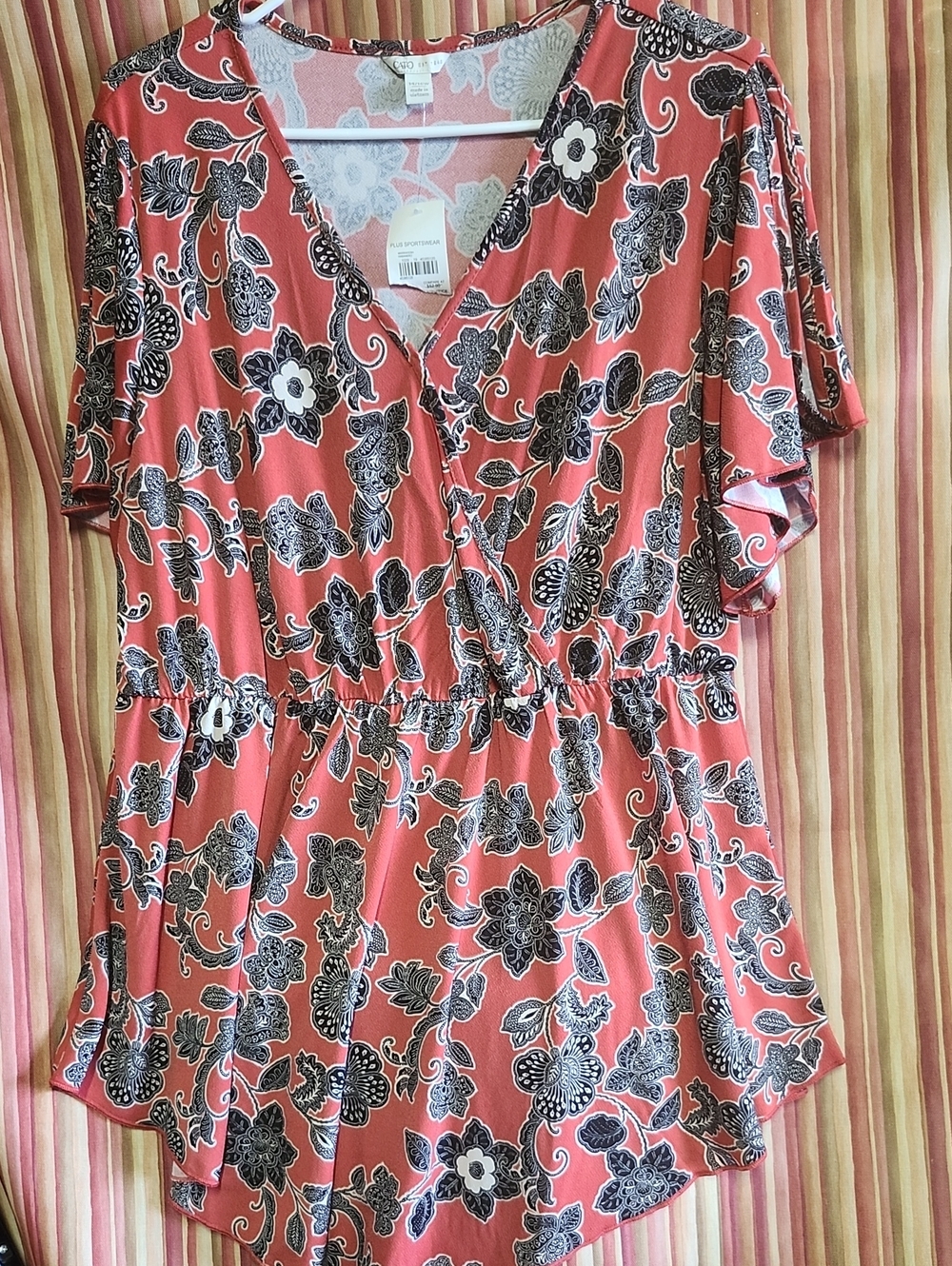 Floral Coral Wrap-Style Tunic Top Rust